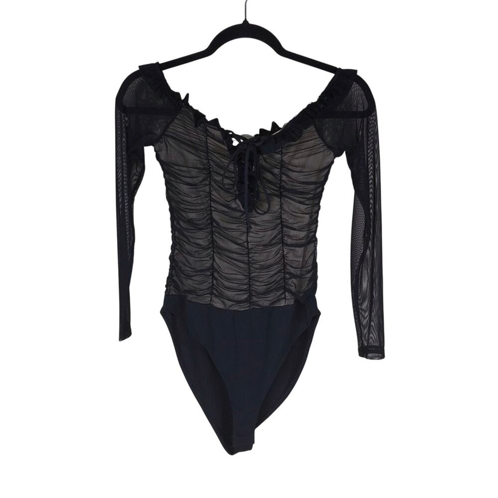 Charlotte Russe Bodysuit Women’s Small Black Beige Lace Mesh Long Sleeve Night